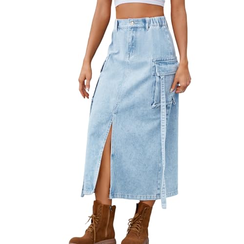 Faldas Vaqueras Midi Cargo Para Mujer, Faldas Elásticas De Cintura Alta Con Abertura Frontal, Bolsillos Con Solapa Y Cinta, Estilo Casual, Holgadas, Desgastadas, Rectas, Vaqueros, Medio Vestido, Az