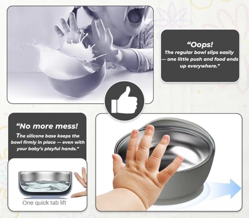 Image of NYALA Stainless Steel Toddler Plates Silicone Suction, Non-Slip Baby Plates BPA Free,Unbreakable Dishwasher Safe (Grey, Bowl)