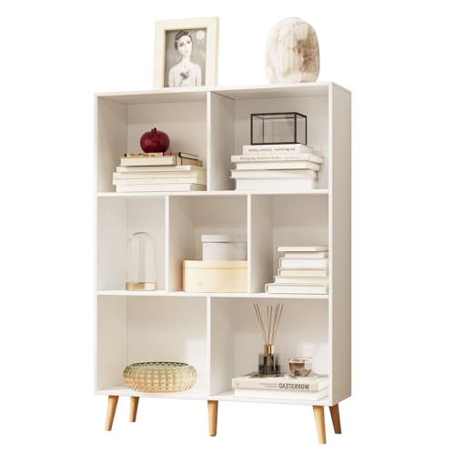 Image of Our Modern Space 7-Cube Wooden Bookshelf - 3 Tiered Open Horizontal Display Organizer Bookcase Storage Cabinet for Living Room, Office, Bedroom, Study Room - White