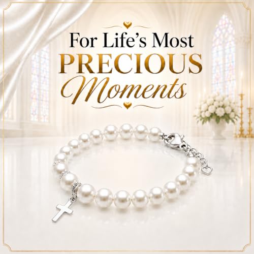 Image of Baptism Jewelry Gifts | White Pearl Bracelet | Sterling Silver Cross Charm