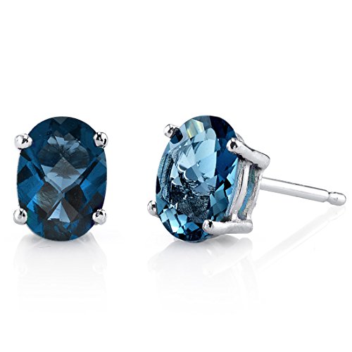 Peora London Blue Topaz Earrings for Women in 14 Karat White Gold, Classic Solitaire Studs, 7x5mm Oval Shape, 2 Carats total, Friction Back