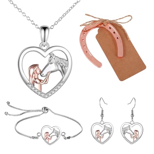 ElevaPulse Pferde Mädchen Geschenk, Mädchen Auf Dem Pferd, 4-Teiliges Schmuckset In Roségold, Halskette Armband Ohrringe Mit Glückssymbol, Halskette Geschenke Für Freundin Mutter Tochter