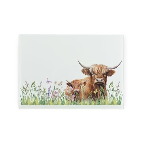 Highland Cows Small Glass Worktop Saver - Tempered Glass Chopping Board - Kitchen Heat Resistant Cutting Board Worktop Protector with Non-Slip Feet 28.5cm x 20cm (11 x 8)