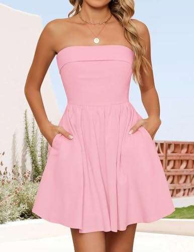 Image of ZESICA Women's Summer Strapless Mini Dress 2026 Casual Off Shoulder A Line Swing Boho Beach Vacation Party Short Dresses