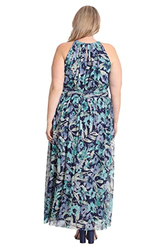 Image of London Times Women's London Times Mesh Halter Maxi Dress with Ruched Waistband Flowy Bohemian Beach Dresses