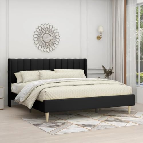Image of Low Profile Upholstered Platform Bed with Winback Headboard | Bed Queen Size | Bed for Bedroom, Living Room | Bed Without Storage | Mattress not Included | Fabric Color:- Black