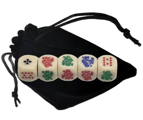 Cyber-Deals 16mm Poker Dice Ivory Tone Multicolored Characters Rounded Corners + Black Velvet Cloth Storage Pouch (05 Dice, 1 Pouch)