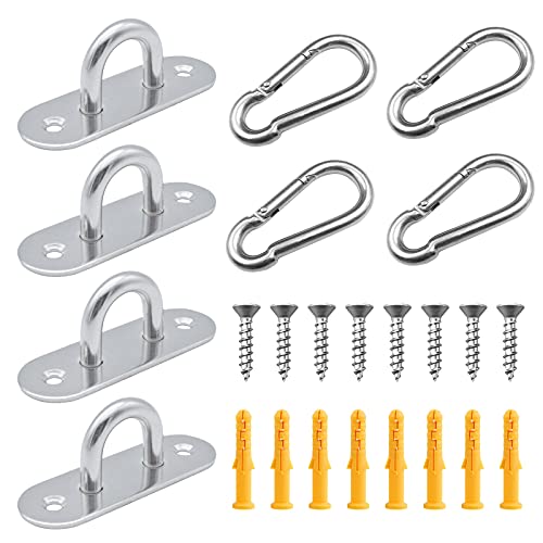 BOZILY - 4 Pcs Stainless Steel Eye Pad Plates + 4 Pcs Carabiner Clips, M5 Pad Eye with 8 Screws and 8 Plastic Expansion Pipes, Metal Staple Ring Hook for Hanging Wall Ceiling Marine Hardware Accessories