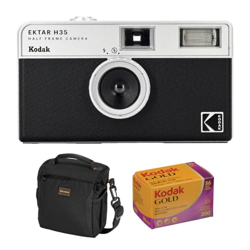 Kodak EKTAR H35 Half Frame Film Camera, Black, Bundle with Kodacolor Gold 200 35mm Color Negative Roll Film and Shoulder Bag