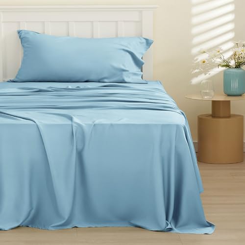 Image of Bedsure Cooling Sheets Twin, Rayon Derived from Bamboo, PureWoven, Breathable & Soft Twin Sheets Set, Deep Pocket Up to 16 Inches, Hotel Luxury Silky Bedding for Hot Sleepers, Aqua