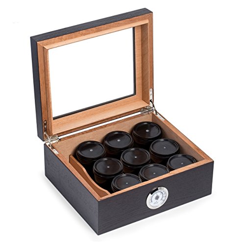 SNAK Espresso Wood Marijuana Cannabis Humidor Humidistat & External Hygrometer with 9 Black