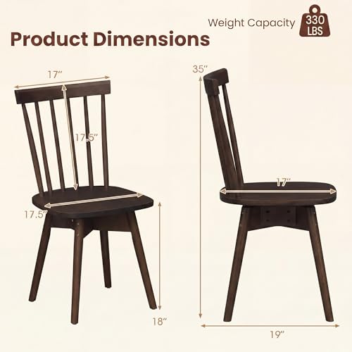 Image of COSTWAY Swivel Windsor Dining Chairs Set of 2, Farmhouse Solid Rubber Wood Kitchen Side Chair w /Curved Spindle Back, Armless Accent Chairs for Home, Dining Room, Living Room, Restaurant (Walnut)