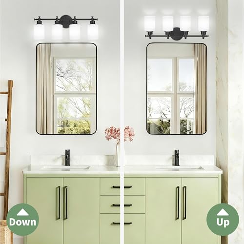 Image of 4-Light Bathroom Vanity Light, Black Vanity Lights for Bathroom, Modern Wall Sconce with White Glass Shades, Anti-Rust Vanity Light Fixture over Mirror, 23 Inch (Bulbs Not Included, E26 Base)