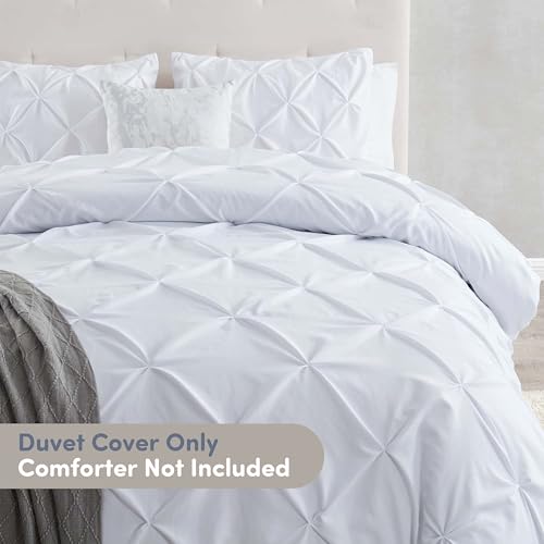 Image of Nestl White Duvet Cover Full Size - Soft Double Brushed Duvet Set with Button Closure & Corner Ties, 3 Piece Luxurious Pinch Pleated Duvet Cover Set 80x90 Inches with 2 Pillow Shams