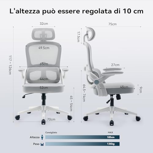 M102C Sedia Ergonomica da Ufficio con Braccioli Ribaltabili, Supporto Lombare Regolabile, Design Ergonomico per Scrivania e Uso Domestico - Telaio Bianco Maglia Grigio Chiaro - Sedia gaming - Immagine 2