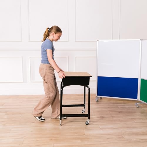 Image of ECR4Kids Mobile Open Front Desk with Metal Storage Book Box, Classroom Furniture, Oak