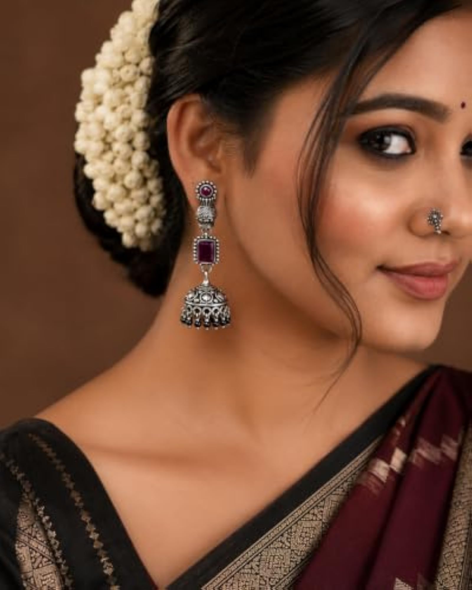 Oxidised 925 Silver Long Jhumka Earrings with Ruby Pink Stones