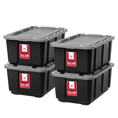 IRIS USA 27 Gallon Heavy Duty Truck Bed Toolbox Storage Tote Bins with Lids, 4 Pack - Made in USA, Tough Snap On Lockable Lid Stackable Industrial Tubs, Garage Organization Reusable Box - Gray