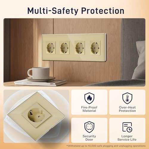 BSEED Schuko Steckdose 4 Fach Kristall Glas Platte Steckdose Glas Schuko Vierfach Steckdose 16Amp Steckdose 299mm Golden Verlängerungssteckdosen Wandsteckdose