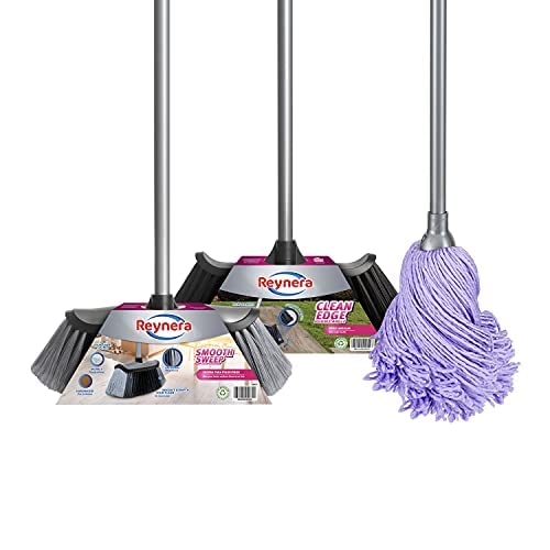Escobas, Kitchen REYNERA Kit Limpio: Kit Escoba Interior para Pisos Finos, Escoba Exterior para Barrido Intenso, Trapeador de Microfibra Super Ligero, Sin Olores.