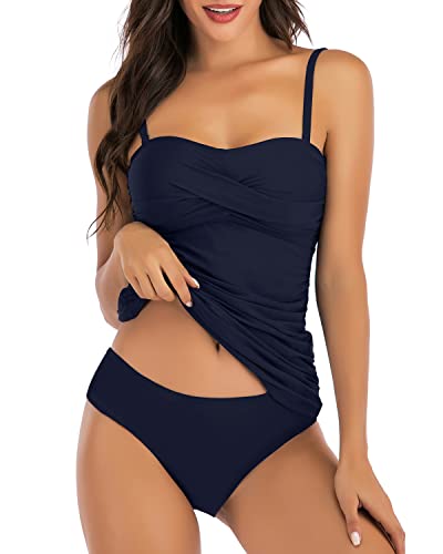 Image of Shuangyu Women's Twist Front Bandeau Tankini Set Two Pieces Ruched Tummy Control Suimsuit with Mid Waist Briefs