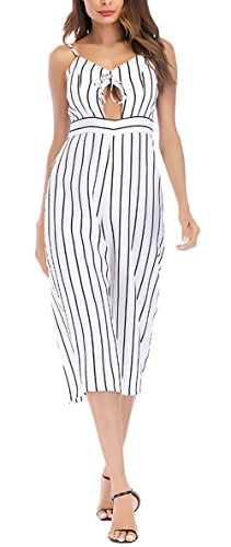 Combinaison Été Femmes Simple Col sans Style Dos Manches V Nu sans Bretelles Creux 3/4 dans l'ensemble Lâche Casual Quotidien Jeune Mode Rayé Playsuit Barboteuse Blanc (Color : Blanc, Size : XXL) Cover