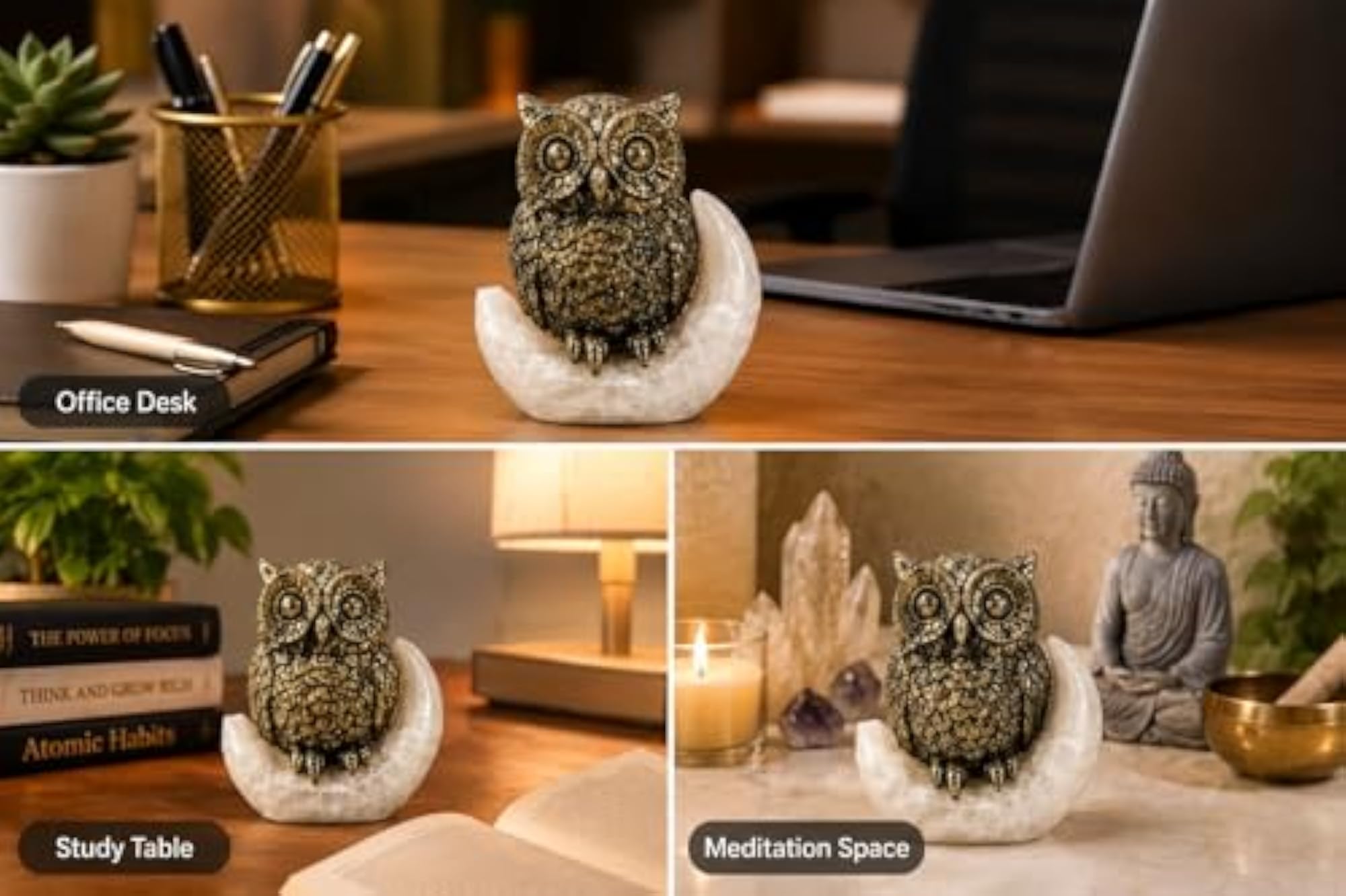 Handcrafted Pyrite Stone Tortoise Figurine (Owl with Moon)