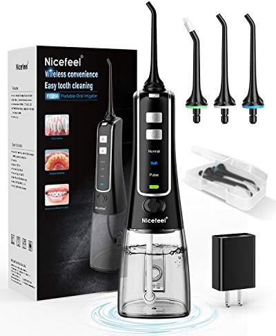 Nicefeel Cordless and Rechargeable Water Flosser - 300ML Water Tank Oral Irrigator, 4 Jet Tips, 3 Pressure Modes - IPX7 Waterproof and Travel Friendly for Dental Care Black