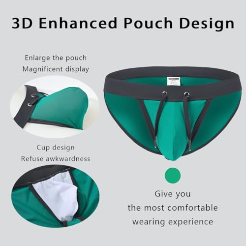 Men's Swim Bikini Briefs with Pouch Bulge Swimwear Sexy High Leg Split Adjustable Waistband Soft Beachwear M Green2