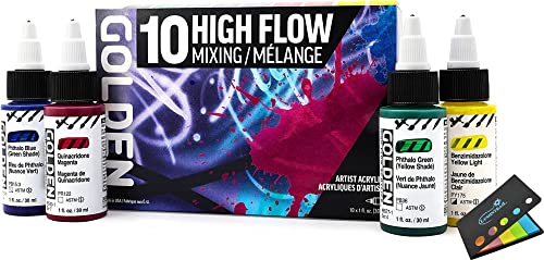 Golden High Flow Acrylic Paint Set 10 Color Mixing Set 1 Fl Oz Bottles Great for Airbrush Paint Ultra-Thin Golden Acrylic Paint Acrylic Ink with Sticky Notes