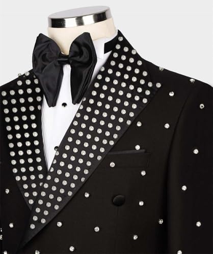 Mens 2 Pieces Tuxedo Suit Slim Fit Double Breasted Blazers Pants Outfit with Shiny Handmade Rhinestone4