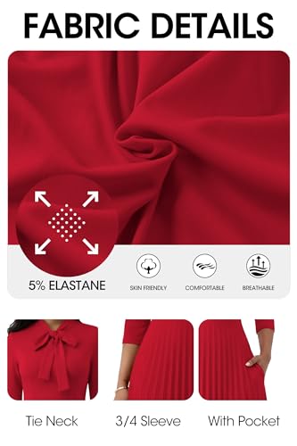 Image of FANDEE Maxi Dress for Women Formal 3 /4 Sleeve Pleated Empire Long Dress Semi Formal Tie Neck Office Work Dresses