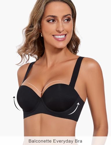 Push Up Bras for Women Support Padded Balconette Add 1 Cup Size Wide Band Underwire Back Smoothing T-Shirt Bra2