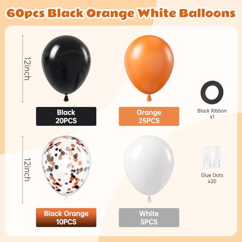 Image of 60pcs Orange and Black White Halloween Balloons, 12inch Black Orange White Latex Confetti Balloons for Ghost Halloween Birthday Party Decorations