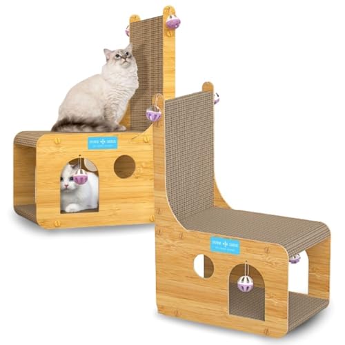 Casinha de Gato com Arranhador e Brinquedos Caixa Caminha 2 Andares Antiestresse Mdf Resistente Portatil Antiderrapante Tábua de Arranhar Com Bolinhas Toca Protetor Sofá e Cama (Marrom, 60x40cm)