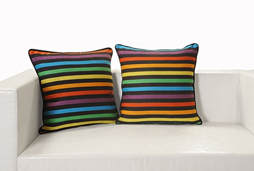 Image of Swayam Set of 2 Striped Print Cotton Multicolour Cushion Cover | 12 x 12 Inch | Soft Breathable Fabric with Hidden Zipper | Decorative & Stylish Cushion Covers for Sofa, Living Room, Bedroom & Couch