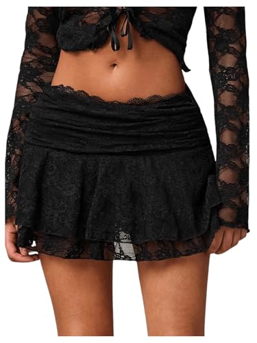 Floerns Women's Y2k Mini Skirts Mid Waist Sheer Lace Date Night A Line Skirts