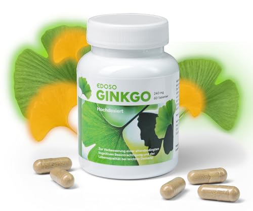 EDOSO® Ginkgo Biloba Hochdosiert 240 mg | 60 Tabletten | 50:1 pflanzliches Extrakt Konzentrat | Bei Vergesslichkeit im Alter oder leichter Demenz