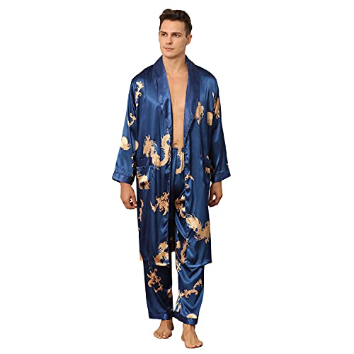 Haseil Men's Satin Robe with Pants Lightweight Printed Luxurious Spa Dragon Silk Bathrobe Kimono Set2