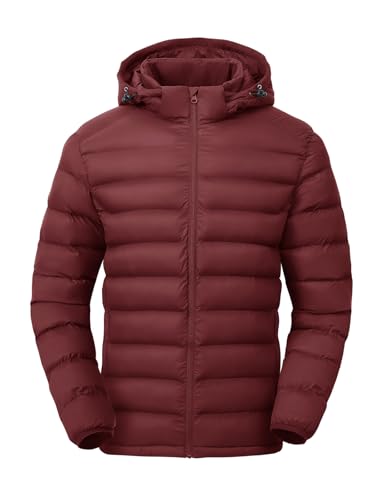 TBMPOY Men's Lightweight Puffer Down Jackets Detachable Hood Water-Resistant Winter Coat Hooded Insulated for Travel Ski Wine Red L