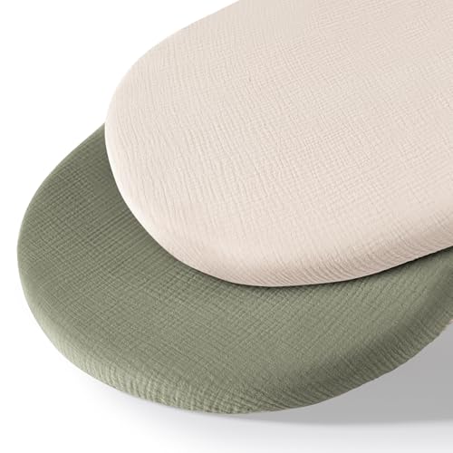 Image of MairMore Muslin Bassinet Sheets for Babies – Soft & Breathable 100% Cotton Fitted Sheets for Oval, Rectangle, Hourglass Bassinet Mattress Pads, 2-Pack (Ivory & Pink)