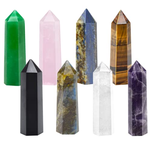TATOODAA 8Pcs Healing Crystal Wands Set, 2.2" Hexagonal Faceted Crystal Stones Points Gemstones Wands Kit, Natural Rose Quartz, Amethyst, Obsidian, Tiger's Eye, Lapis Lazuli for Meditation, Yoga