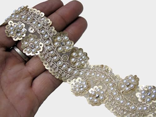 Image of Strala Golden Color Laces for Dresses, Sarees, Lehenga, Suits, Bags, Decorations, Borders, Crafts and Home Decor,Blouse (3 mtr) Design-117 (Golden Double Flower)