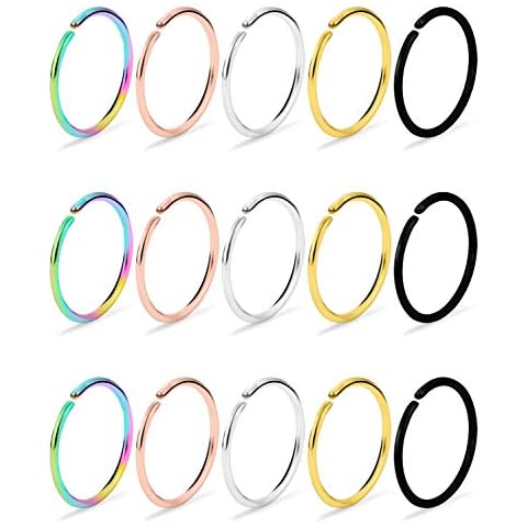 Dyknasz 15Pcs 22G Nose Rings Hoop 316L Stainless Steel Fake Nose Ring Tragus Cartilage Helix Piercing Earring Hoops Septum Lip Ring 6MM for Women Men Mix Color Cover
