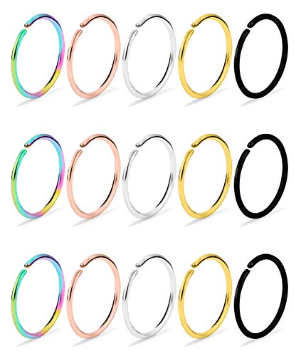 Dyknasz 15-30Pcs 22-18G Nose Rings Hoop Surgical Steel Fake Nose Ring Tragus Cartilage Helix Piercing Earring Hoops Septum Lip Ring 6-14MM for Women Men