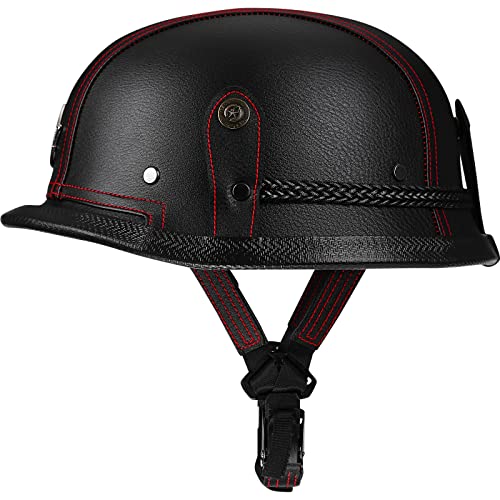 Yesmotor Motorcycle Half Helmet Retro German Handmade Leather Half Face Quick Release Buckle & Goggles - Dot Approved (Black & Red Line, Xl) #TOP1