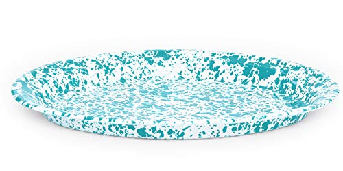 Crow Canyon Home Enamelware Oval Platter, 17.5 inch, Turquoise/White Splatter