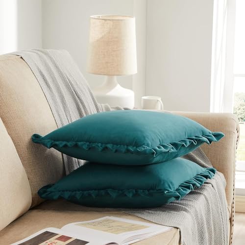 Image of Velvet Dark Teal 22x22 Pillow Covers, Set of 2 Decorative Ruffle Cushoin Pillow Covers for Sofa Couch