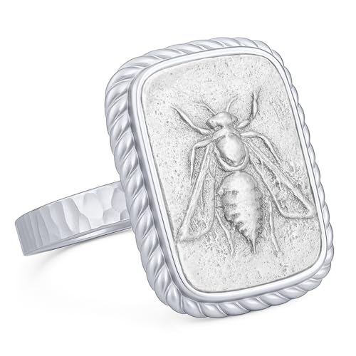 925 Sterling Silver Two Tone Hammered Artemis Honey Bee Coin Signet Ring