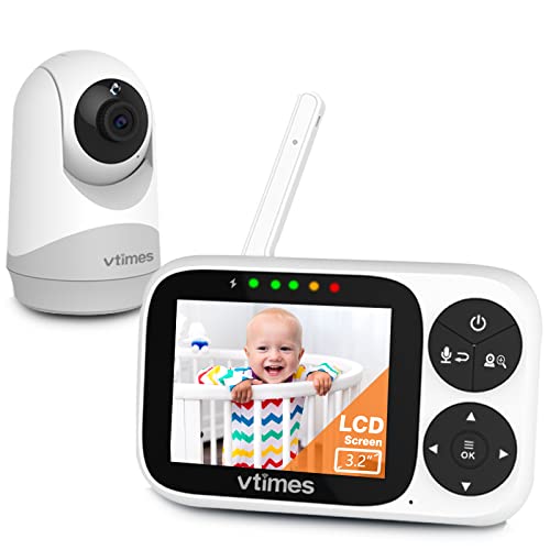 Image of VTimes Video Baby Monitor with Camera and Audio, 3.2" IPS Screen Baby Camera Monitor No WiFi Night Vision VOX Mode Pan-Tilt-Zoom Temperature Display 2 Way Audio Lullaby Feeding Alarm and 1000ft Range